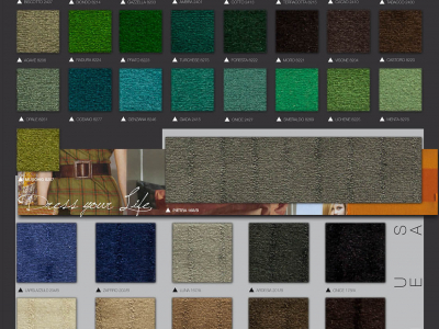Fotka kufru se vzorky - barva Nexus 2417 lino je v horní řadě - 3. zleva